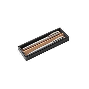 Conjunto de roller e esferográfica com corpo em aço inoxidável (53% reciclado) e clip