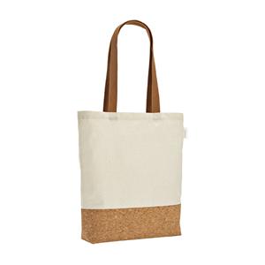 Sacola em 70% algodão reciclado e 30% poliéster reciclado (180 g/m²) com fundo em cortiça
