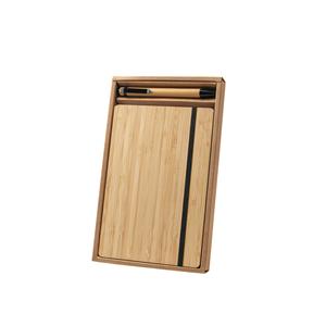 Conjunto de caderno A5 em bambu com páginas pautadas e esferográfica em bambu