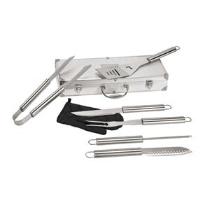Kit churrasco em estojo de alumínio com luva de cozinha em poliéster e 6 utensílios em aço inox