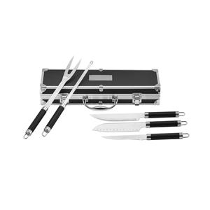 Kit churrasco em estojo de alumínio com 5 utensílios em aço inox e alumínio
