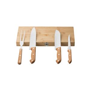 Kit churrasco em caixa bambu com 4 utensílios em aço inox e bambu