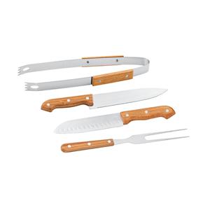 Kit churrasco em caixa kraft com 4 peças em aço inox e bambu