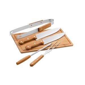 Kit churrasco em estojo de 210D e tábua em bambu com 5 utensílios em aço inox e madeira de Seringueira